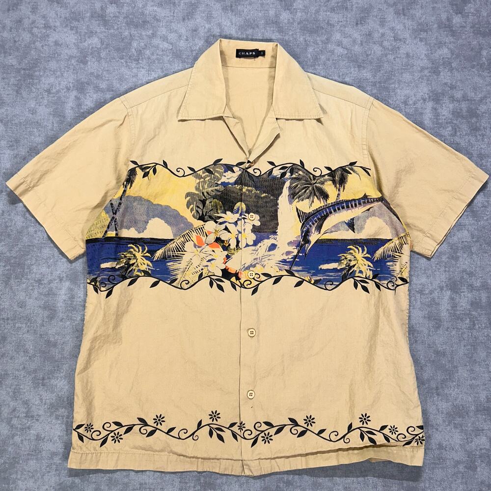 Chaps Hawaiian Shirt Scenic Tropical Island Swordfish Blue Beige Camp Collar S